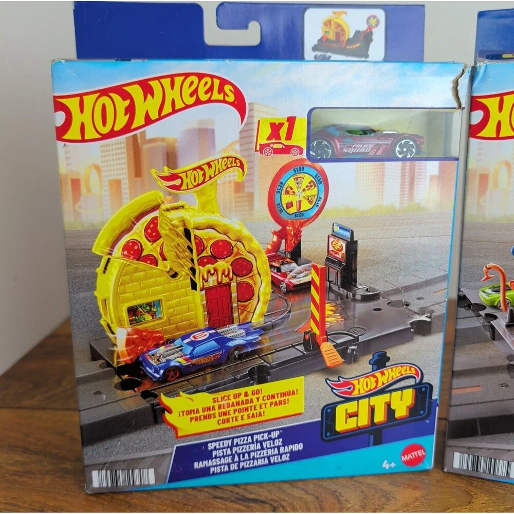 2 Hot Wheels City Track Set - Speedy Pizza Pick-up & Fuel Station Shift Play Set